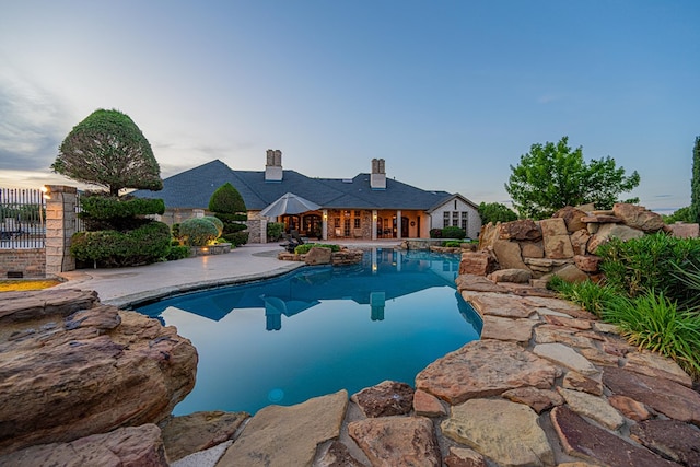 swimming pool featuring a patio and fence
