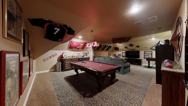 game room featuring billiards, light colored carpet, and baseboards