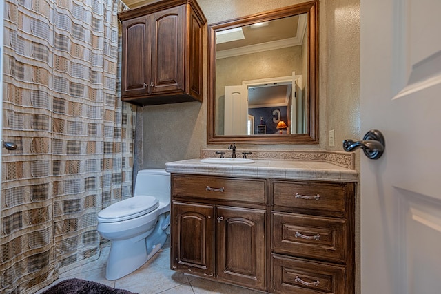 full bathroom with toilet, ornamental molding, vanity, tile patterned floors, and a shower with curtain