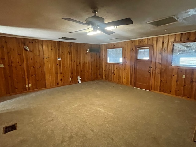 basement with wooden walls, carpet flooring, and a wealth of natural light