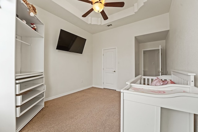 4626 Crockett Ave, Midland, TX 79703 - bedroom with baseboards, visible vents, light carpet, and ceiling fan