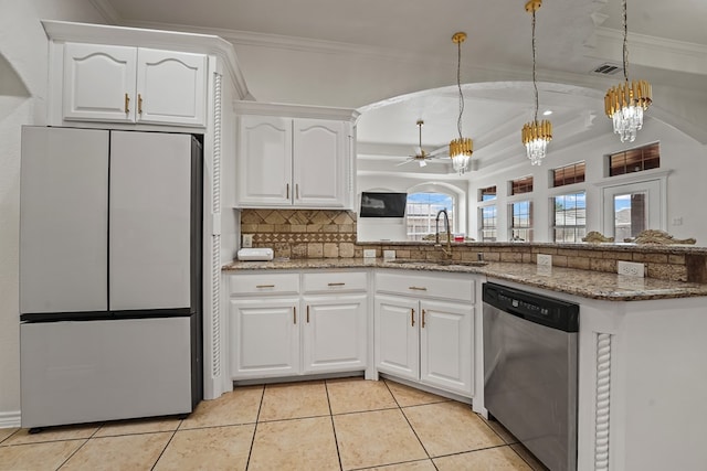 4626 Crockett Ave, Midland, TX 79703 - kitchen with light tile patterned floors, appliances with stainless steel finishes, ornamental molding, a sink, and visible vents