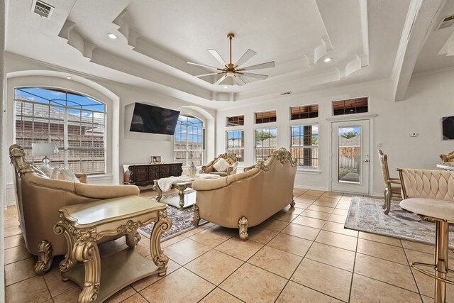 4626 Crockett Ave, Midland, TX 79703 - living area with light tile patterned floors, a raised ceiling, visible vents, ceiling fan, and recessed lighting