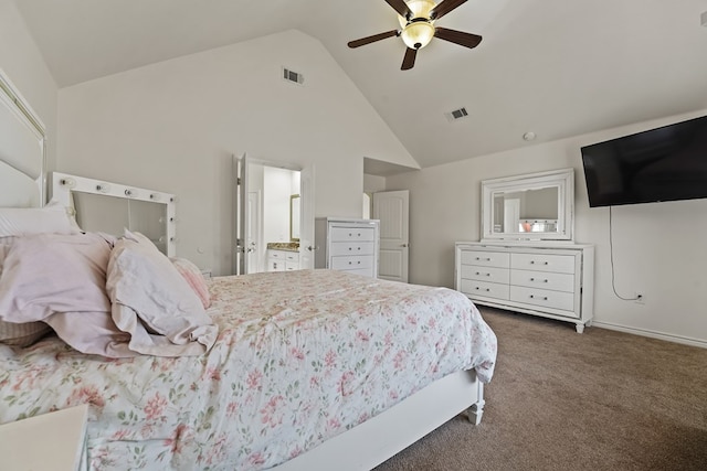 4626 Crockett Ave, Midland, TX 79703 - bedroom featuring dark carpet, visible vents, a ceiling fan, and high vaulted ceiling