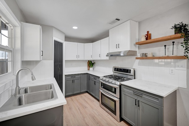 1000 S Jefferson St, Midland, TX 79701 - kitchen with double oven range, gray cabinetry, under cabinet range hood, a sink, and light wood-style flooring