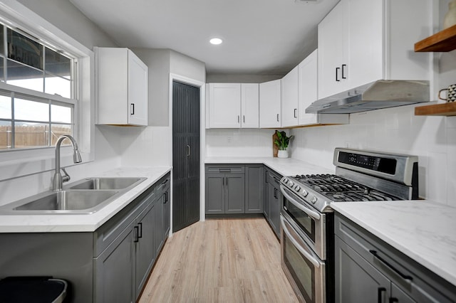 1000 S Jefferson St, Midland, TX 79701 - kitchen with range with two ovens, gray cabinetry, open shelves, a sink, and under cabinet range hood