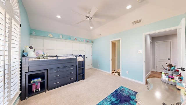 bedroom featuring light colored carpet, recessed lighting, visible vents, and baseboards