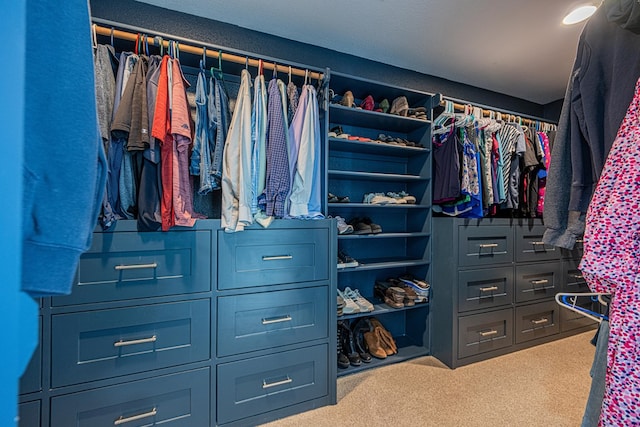 walk in closet featuring carpet flooring