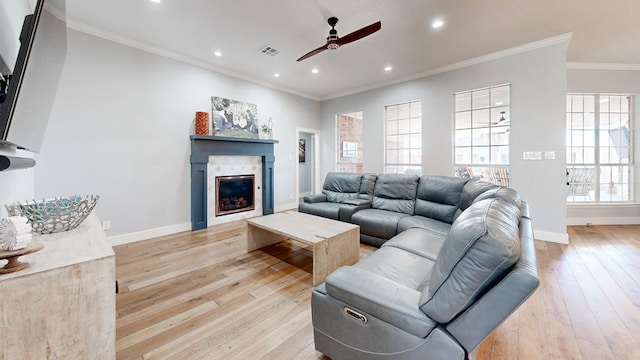 living area with ornamental molding, baseboards, a fireplace, and light wood finished floors