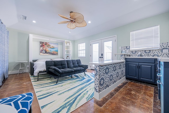 living area with visible vents, baseboards, ceiling fan, french doors, and recessed lighting