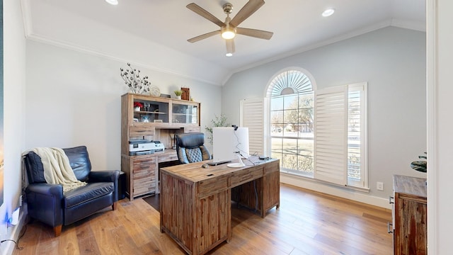 office with lofted ceiling, recessed lighting, light wood-style flooring, a ceiling fan, and ornamental molding