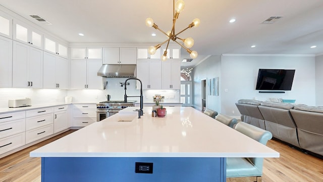 kitchen featuring tasteful backsplash, ornamental molding, open floor plan, light wood-type flooring, and under cabinet range hood