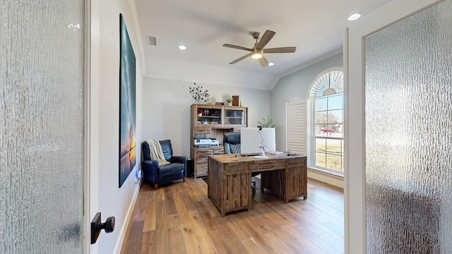 office area featuring light wood finished floors, a ceiling fan, ornamental molding, vaulted ceiling, and recessed lighting