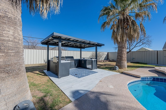 view of swimming pool with a fenced in pool, a fenced backyard, a patio, and area for grilling