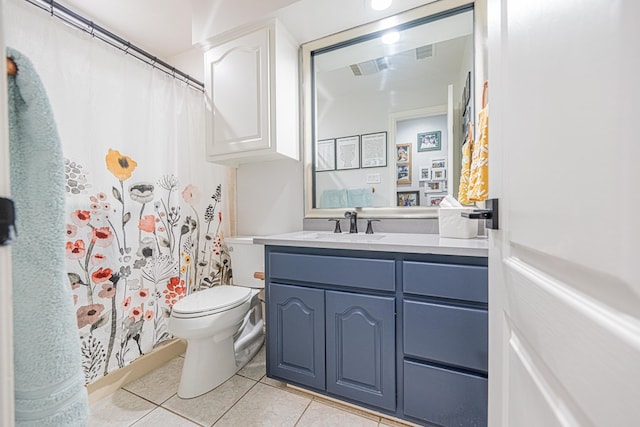 bathroom with visible vents, vanity, toilet, and tile patterned floors