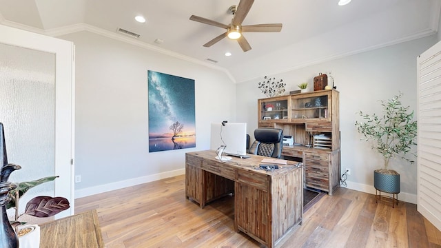 office space with light wood-style floors, lofted ceiling, crown molding, and ceiling fan