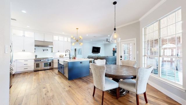 kitchen with stainless steel appliances, ornamental molding, plenty of natural light, and under cabinet range hood