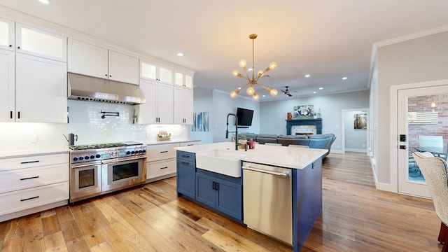 kitchen with under cabinet range hood, stainless steel appliances, a sink, white cabinets, and ornamental molding