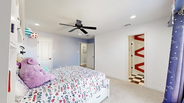 carpeted bedroom featuring a ceiling fan, recessed lighting, visible vents, and baseboards