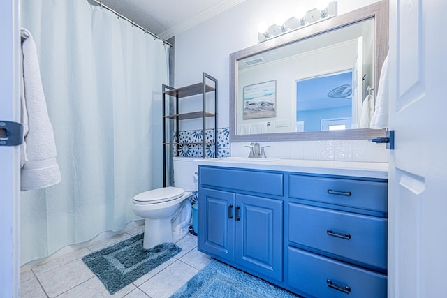 full bath featuring decorative backsplash, toilet, tile patterned floors, crown molding, and vanity