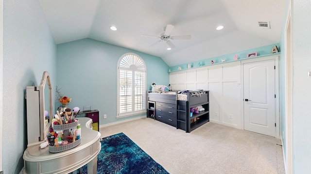 bedroom featuring light colored carpet, visible vents, vaulted ceiling, and recessed lighting