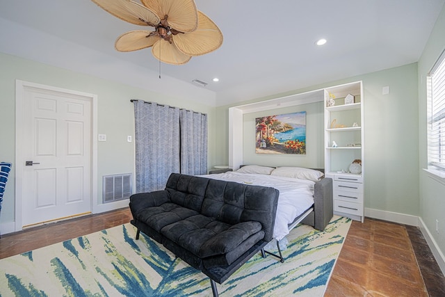 bedroom with recessed lighting, visible vents, ceiling fan, and baseboards