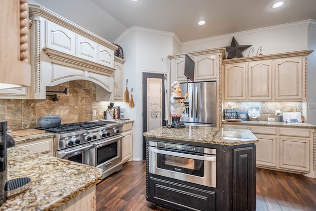 5305 Deer Run, Midland, TX 79707 - kitchen featuring stainless steel appliances, light stone countertops, tasteful backsplash, dark wood-style flooring, and crown molding