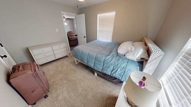 bedroom with light colored carpet