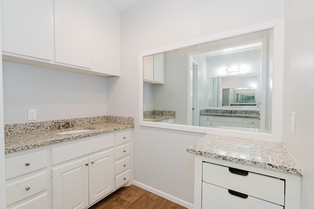 bathroom with wood-type flooring and vanity