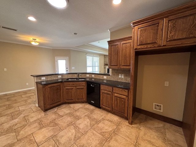 4304 San Pedro Ct, Midland, TX 79707 - kitchen featuring dark countertops, a sink, baseboards, ornamental molding, and black dishwasher