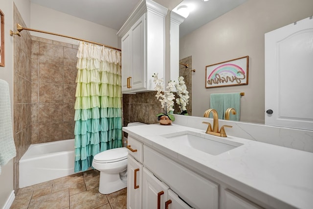 bathroom featuring toilet, shower / bath combo, vanity, and stone finish floors