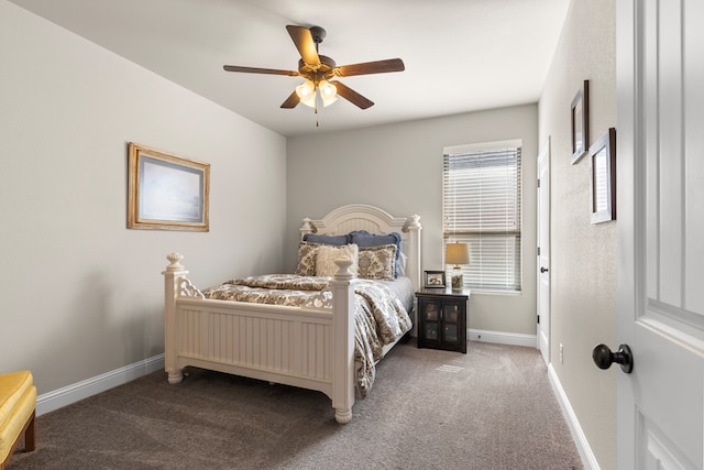 bedroom featuring ceiling fan and carpet