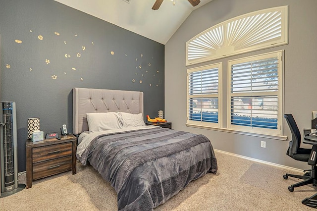 bedroom with lofted ceiling, carpet floors, and ceiling fan