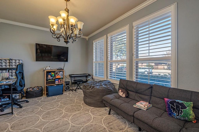 living room featuring ornamental molding and a notable chandelier