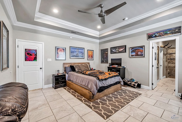bedroom with light tile patterned floors, a raised ceiling, visible vents, ornamental molding, and baseboards