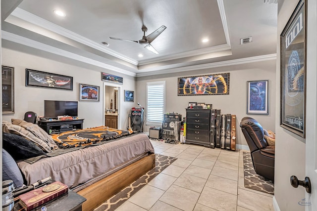 bedroom featuring a tray ceiling, recessed lighting, visible vents, ornamental molding, and tile patterned flooring