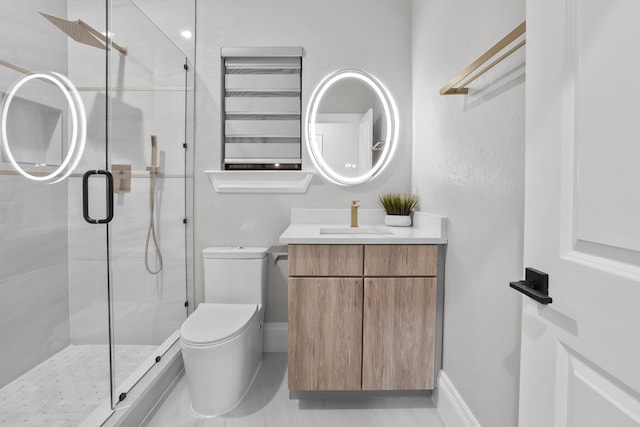 bathroom featuring vanity, radiator, tile patterned flooring, toilet, and a shower with shower door