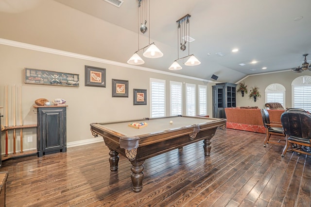 recreation room featuring hardwood / wood-style flooring, baseboards, vaulted ceiling, and crown molding