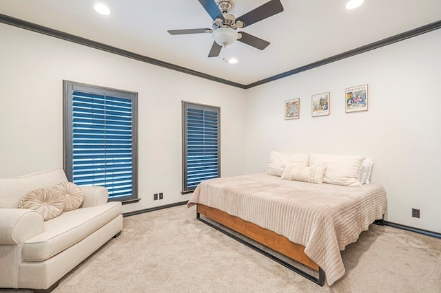 bedroom featuring carpet floors, ornamental molding, and baseboards