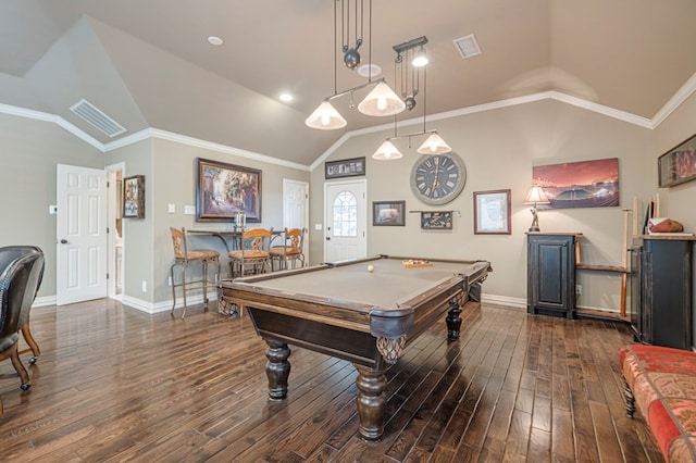 playroom featuring lofted ceiling, ornamental molding, wood finished floors, and visible vents