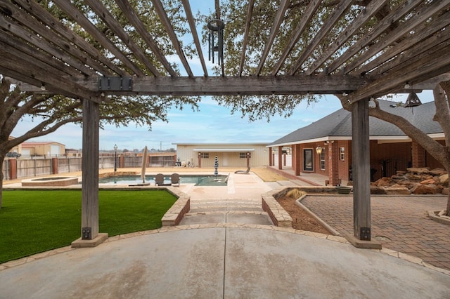 view of patio / terrace featuring a fenced in pool, fence, an outdoor structure, and a pergola