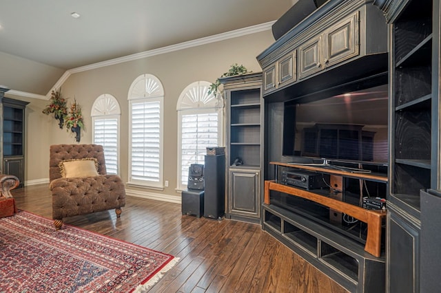 living room featuring lofted ceiling, baseboards, ornamental molding, and dark wood finished floors