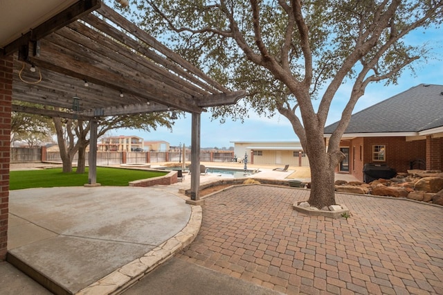 view of patio / terrace featuring a fenced backyard, a fenced in pool, grilling area, and a pergola