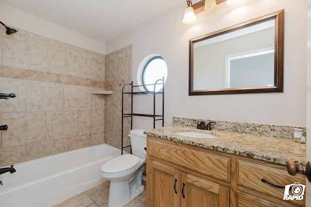 full bath with toilet, shower / tub combination, vanity, and tile patterned flooring