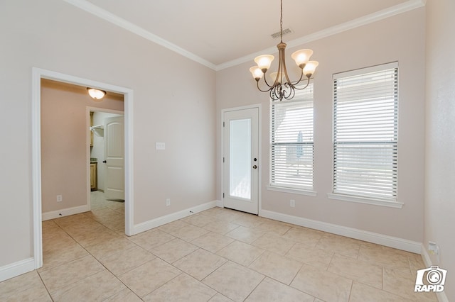 interior space featuring visible vents, baseboards, a chandelier, and crown molding