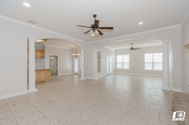 unfurnished living room with visible vents, baseboards, ornamental molding, arched walkways, and a ceiling fan