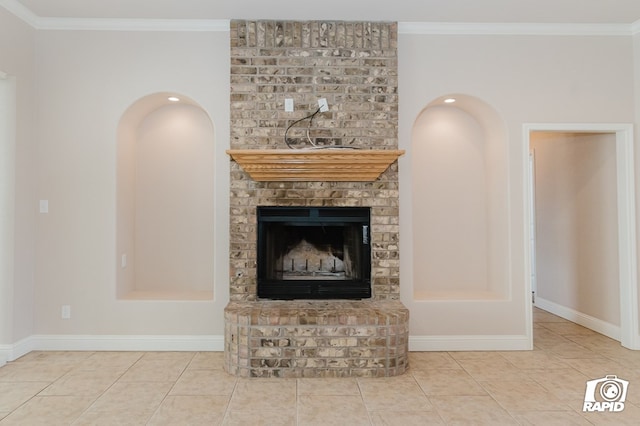 details featuring a brick fireplace, crown molding, and baseboards