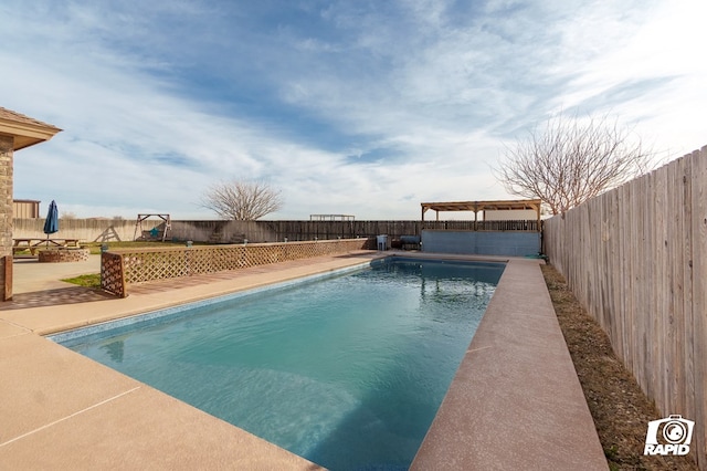 view of pool with a gazebo, a fenced in pool, a patio, and a fenced backyard