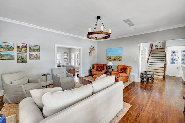 1604 Bedford Dr, Midland, TX 79701 - living room with stairway, crown molding, a chandelier, wood finished floors, and baseboards