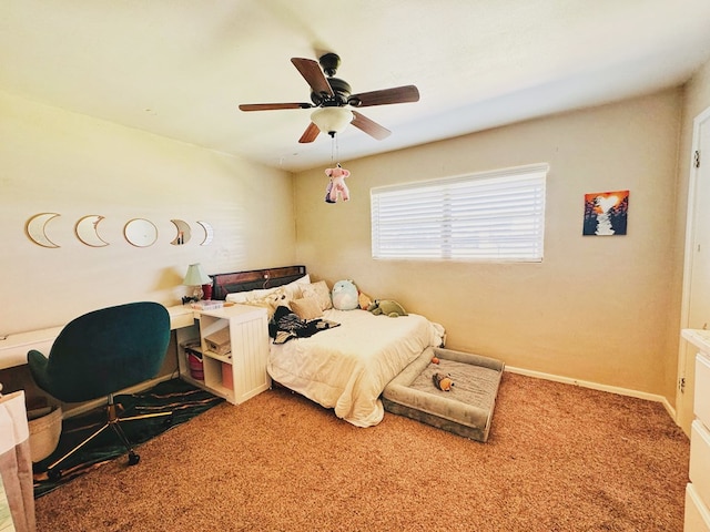 bedroom with ceiling fan and carpet floors